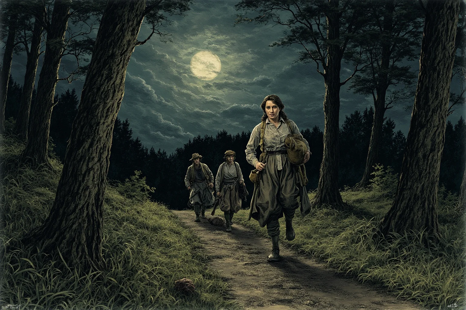 Most Interesting People in History: 22 Figures Who Shaped the World 11 A determined woman in plain traveling clothes leading a small group through a moonlit forest toward freedom, historical illustration style