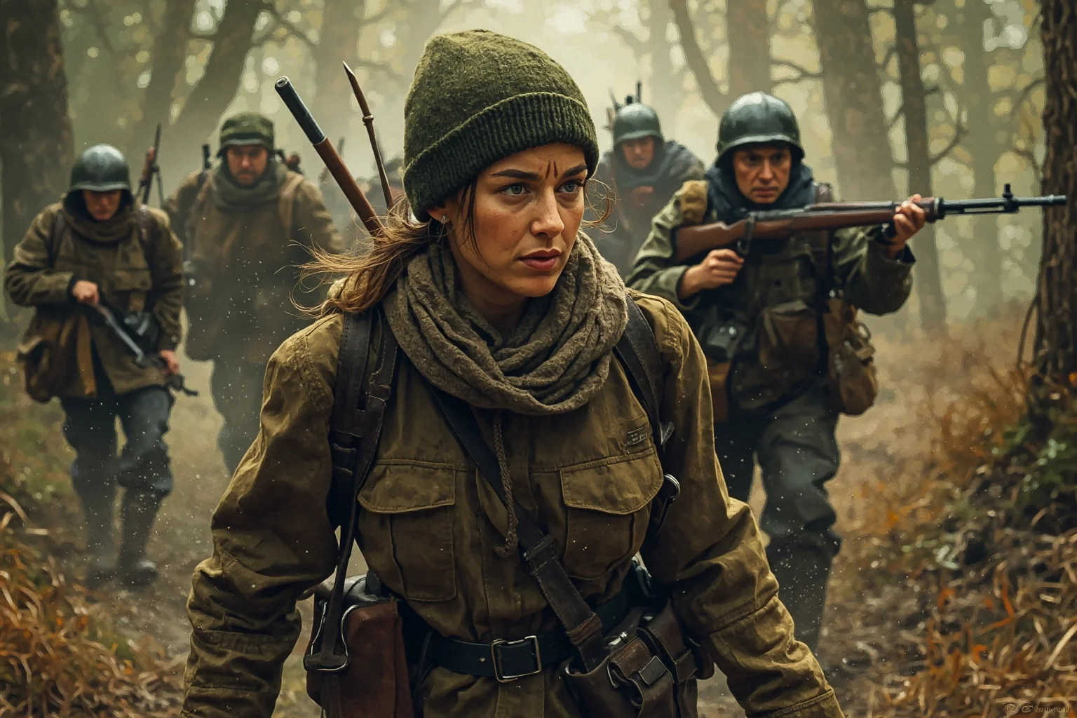 A determined woman in rugged field clothing leading a group of resistance fighters through a forest, illustrated style