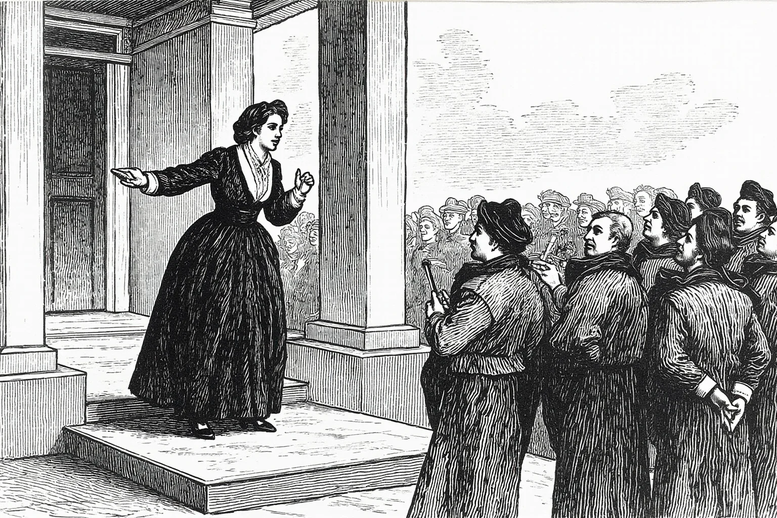 A determined woman in Victorian dress addressing a small crowd on a courthouse step, illustration style