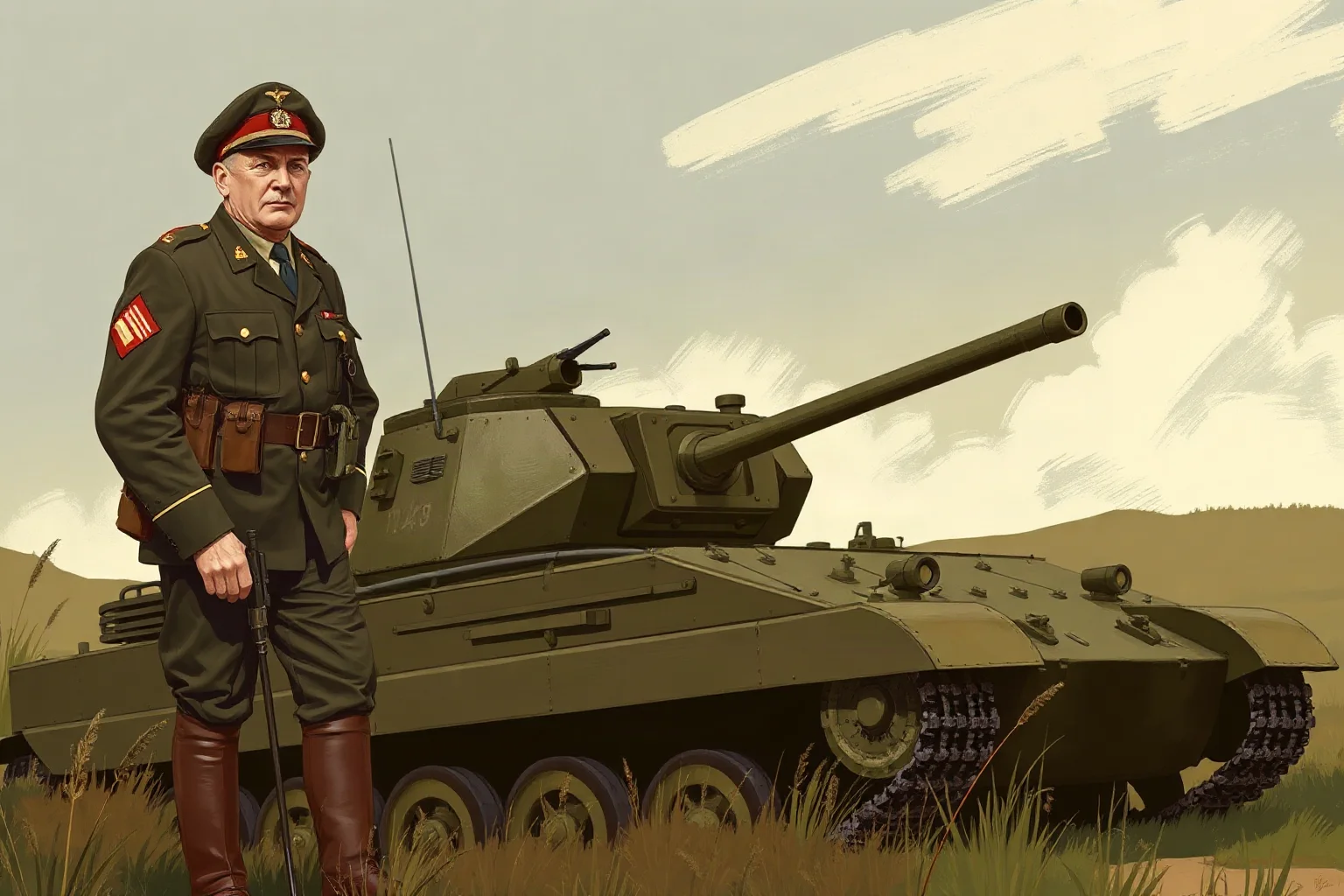 A determined WWII American armored corps general standing beside a tank in a European field, illustrative editorial art