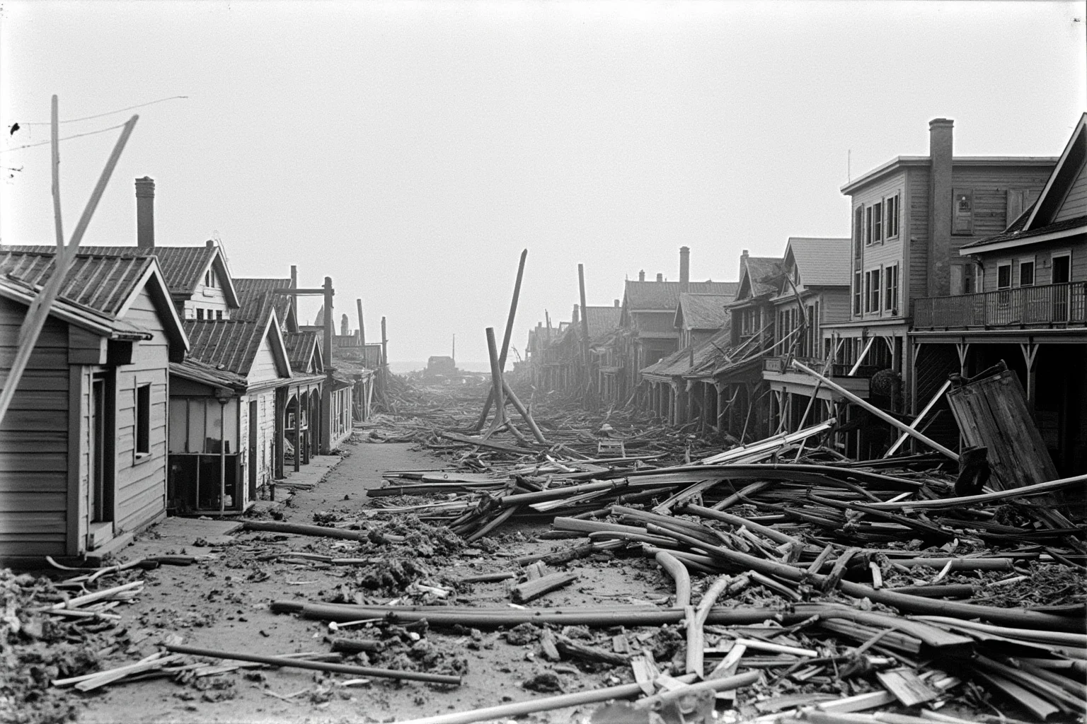 A devastated coastal town after a powerful hurricane, with damaged wooden buildings and storm debris, early 1900s style