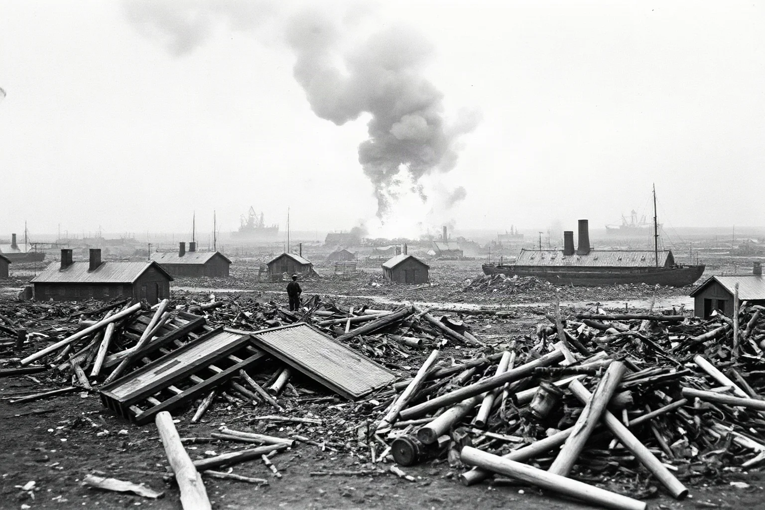 A devastated early-1900s harbor town after an explosion, smoke rising over rubble