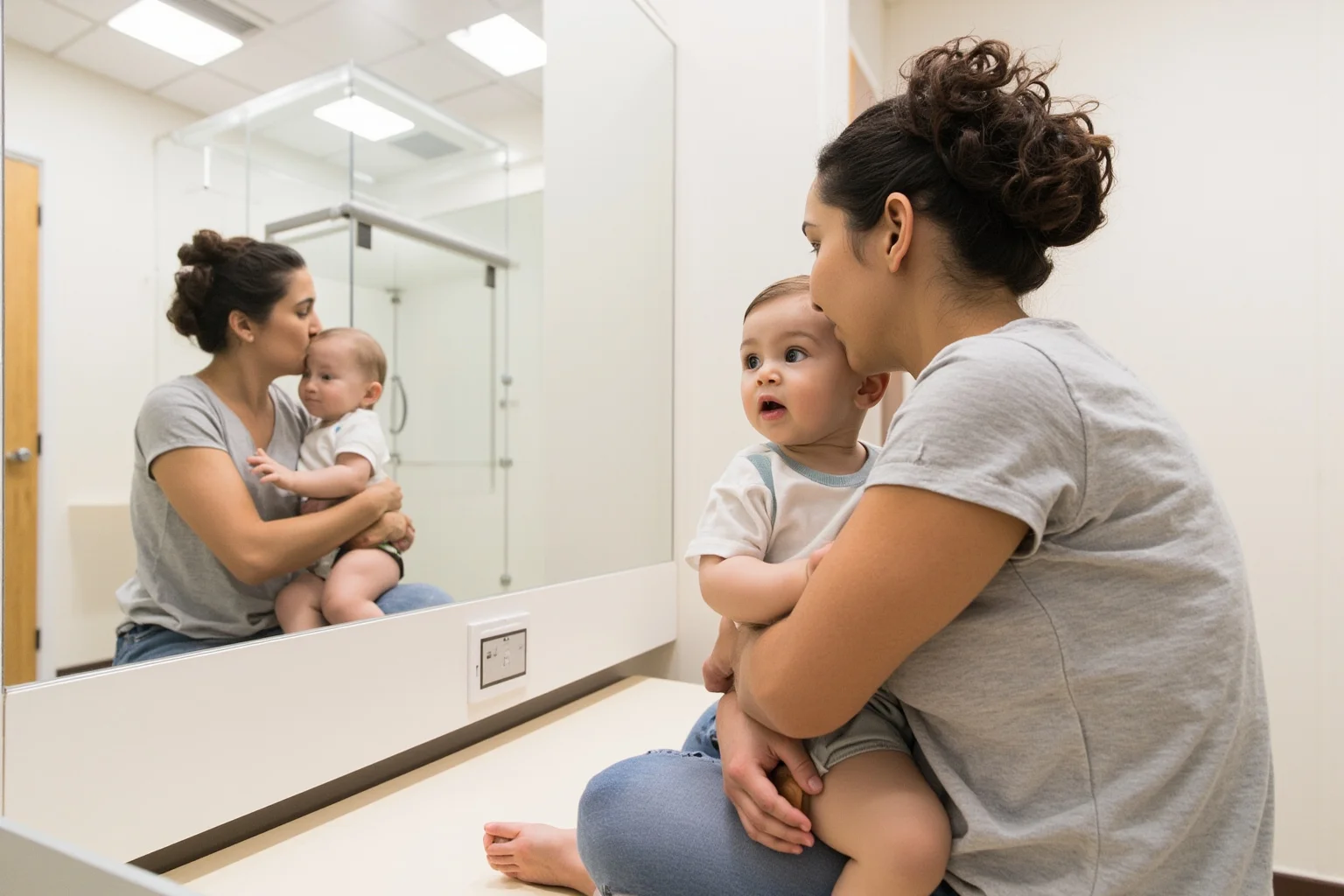 A developmental psychology laboratory with a mother and infant in a controlled observation room with two-way mirror