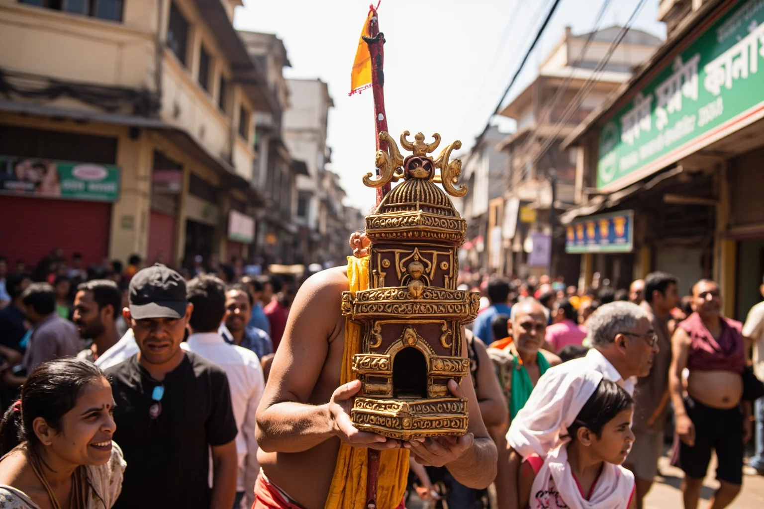 A devotee carrying an ornate decorated structure through crowds during a Hindu penance festival