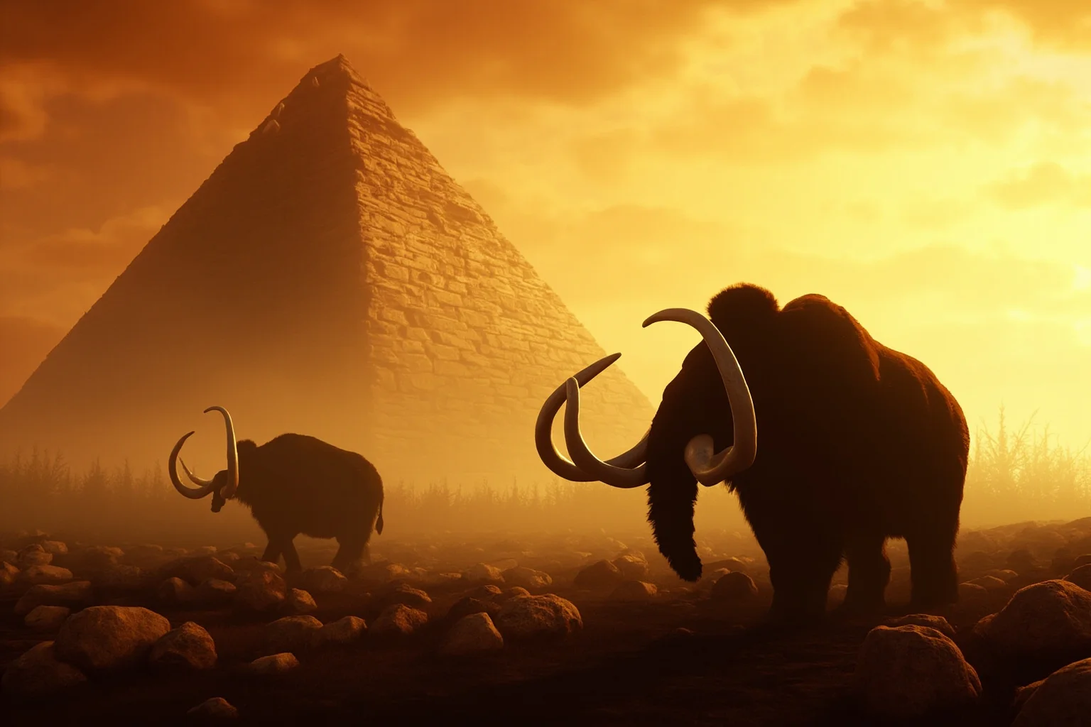 Galileo, Harvard, and 20 Other Unlikely Simultaneous Historical Events 4 A digital painting of woolly mammoths silhouetted near a partially built ancient pyramid under a dusty golden sky
