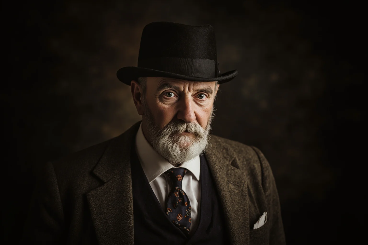 A dignified antique portrait of an older gentleman with a bowler hat, early 1900s style