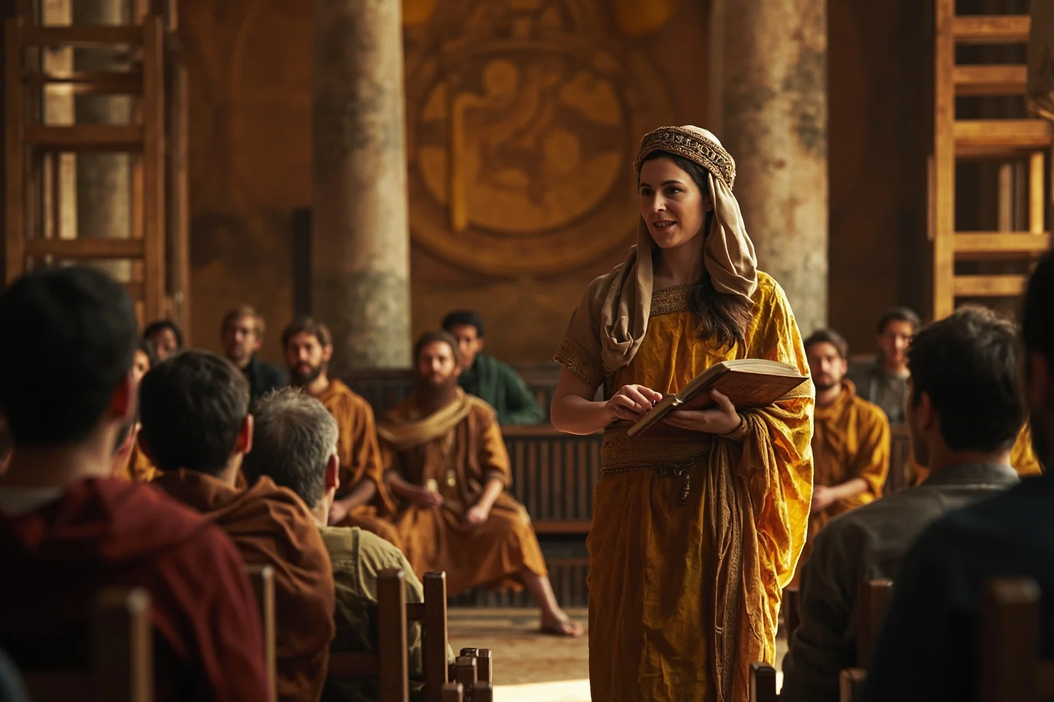 Philosophers Everyone's Heard Of, and 20 Everyone Forgot About 4 A dignified female scholar in flowing ancient robes lecturing to students in a grand Alexandrian library hall