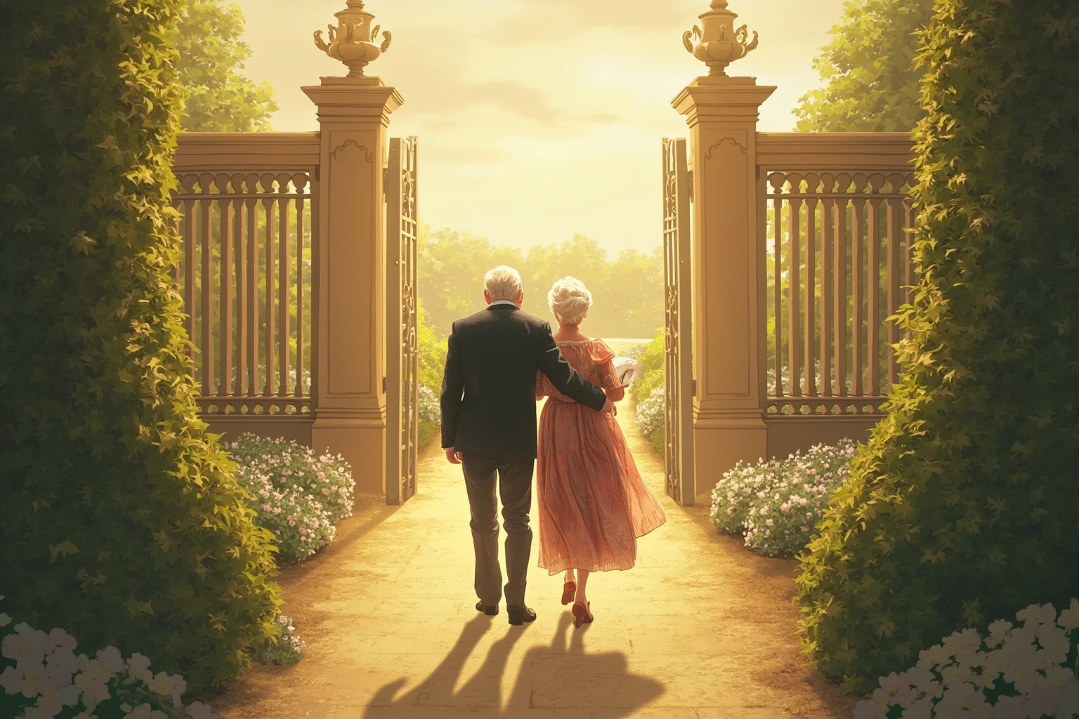 Historical Figures Who Died Of A Broken Heart 21 A dignified illustration of two elderly royal figures walking together through a palace garden in soft evening light