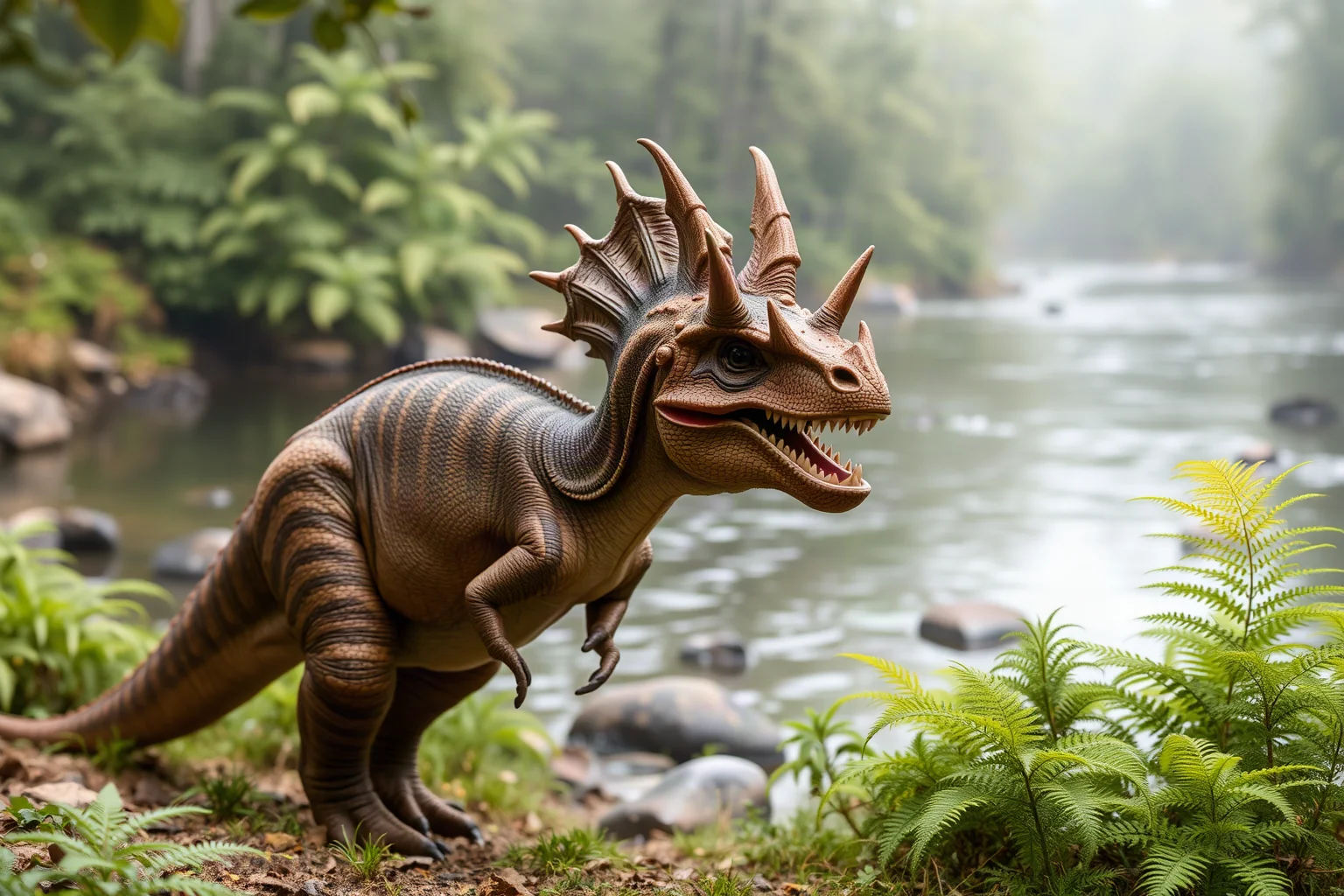 A Dilophosaurus with twin bony head crests standing near a fern-covered riverbank