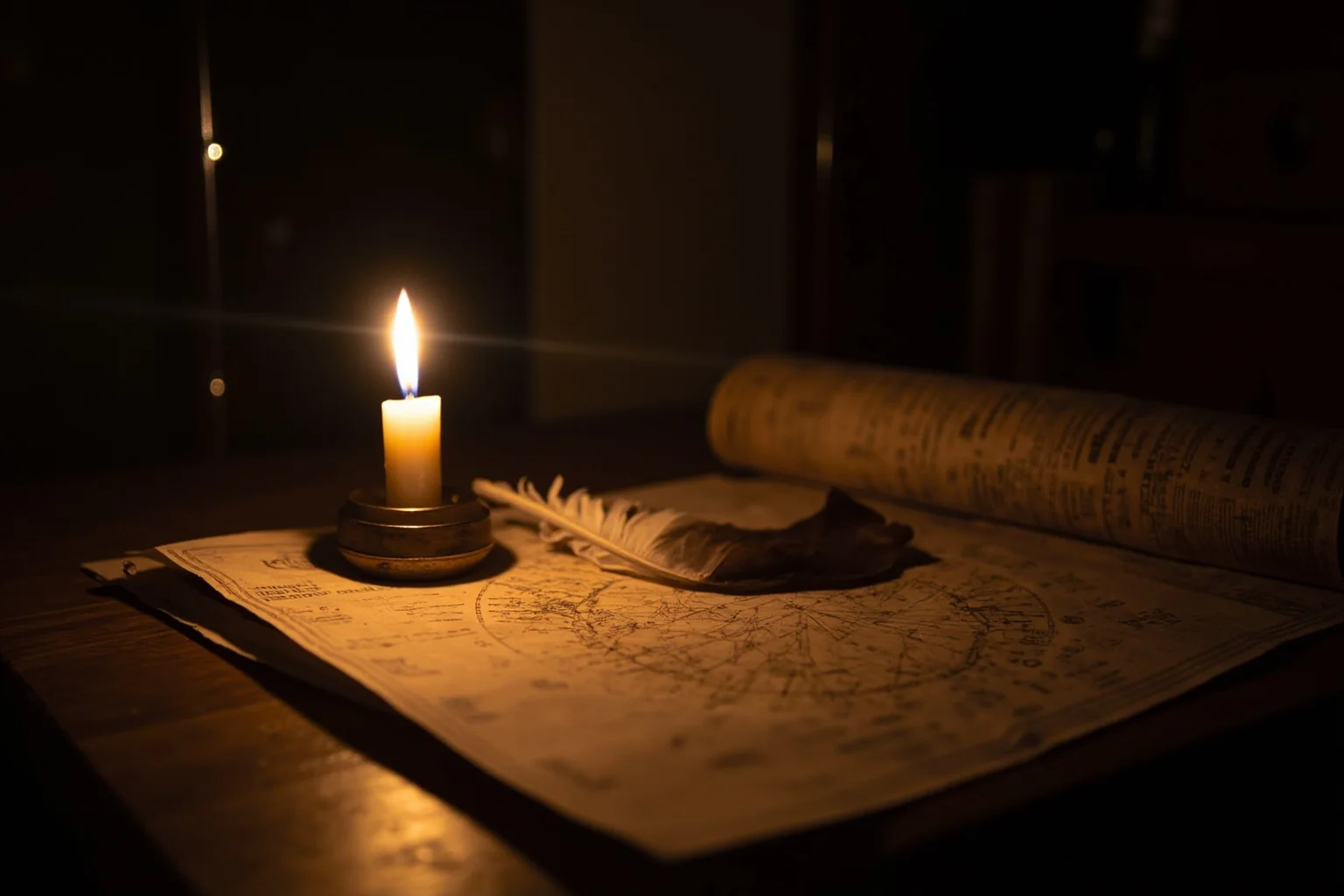 20 of the Most Mysterious People in History 20 A dim 16th-century study with an astrologer's charts, quill, and candlelight, mysterious atmosphere, no clear face shown