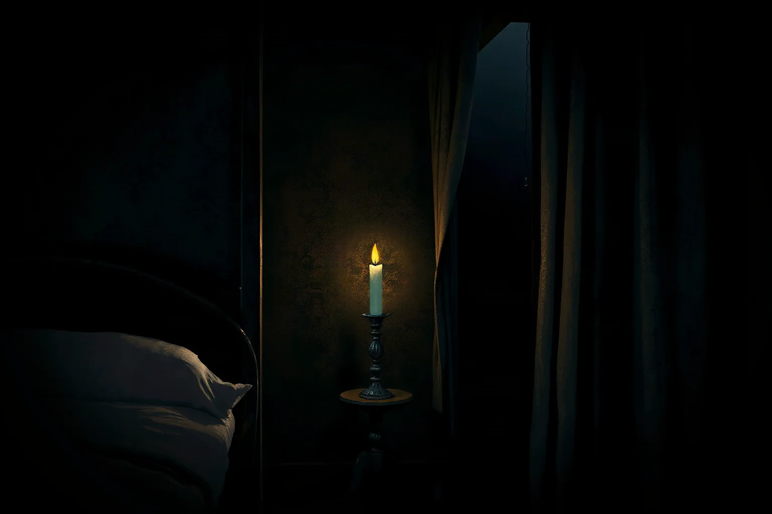 A dim 18th-century bedroom with a lit candle and closed curtains, somber historical illustration, no visible figures
