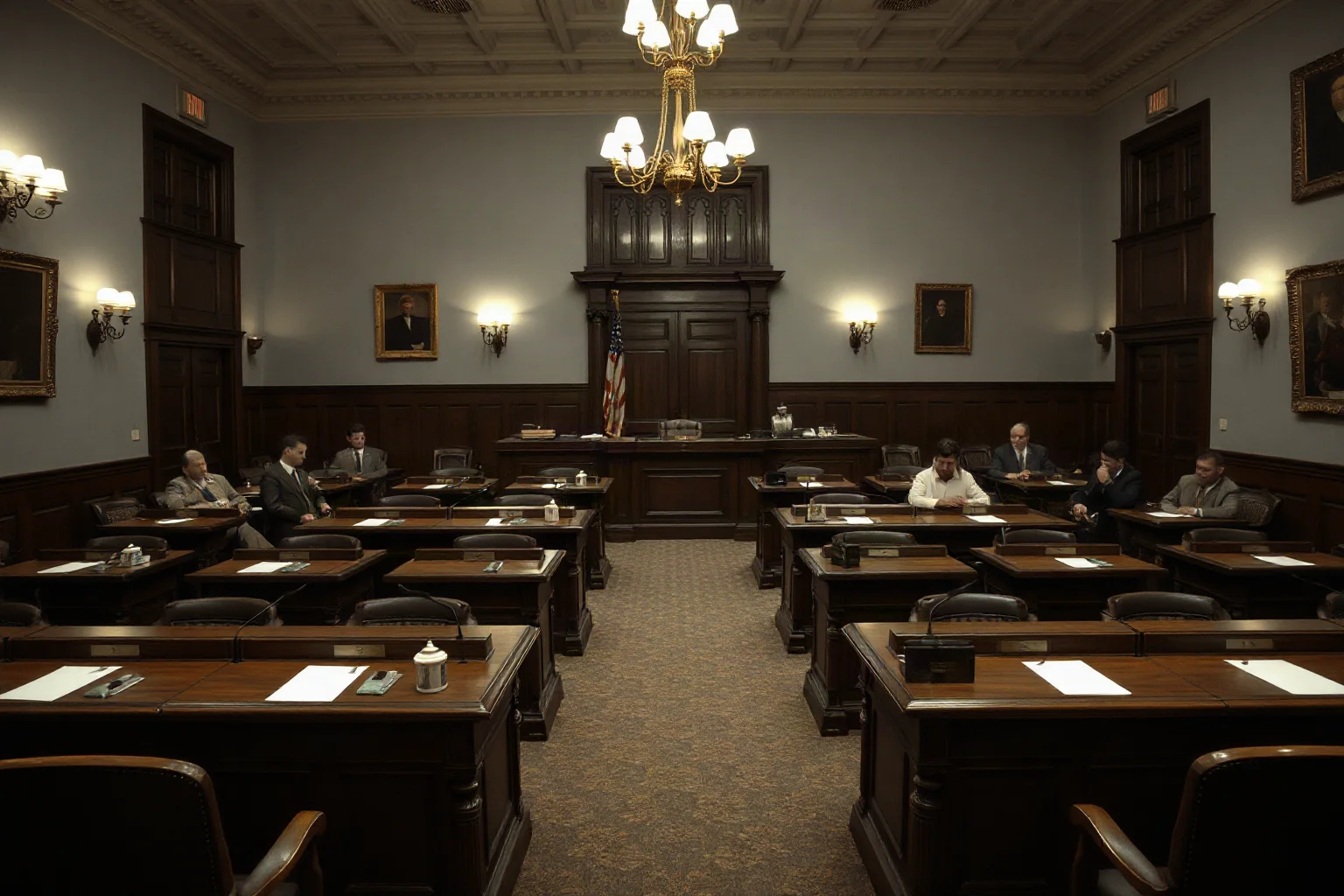 A dim 1950s congressional hearing room with wooden desks, microphones, and rows of seated observers, evoking a HUAC-style investigation