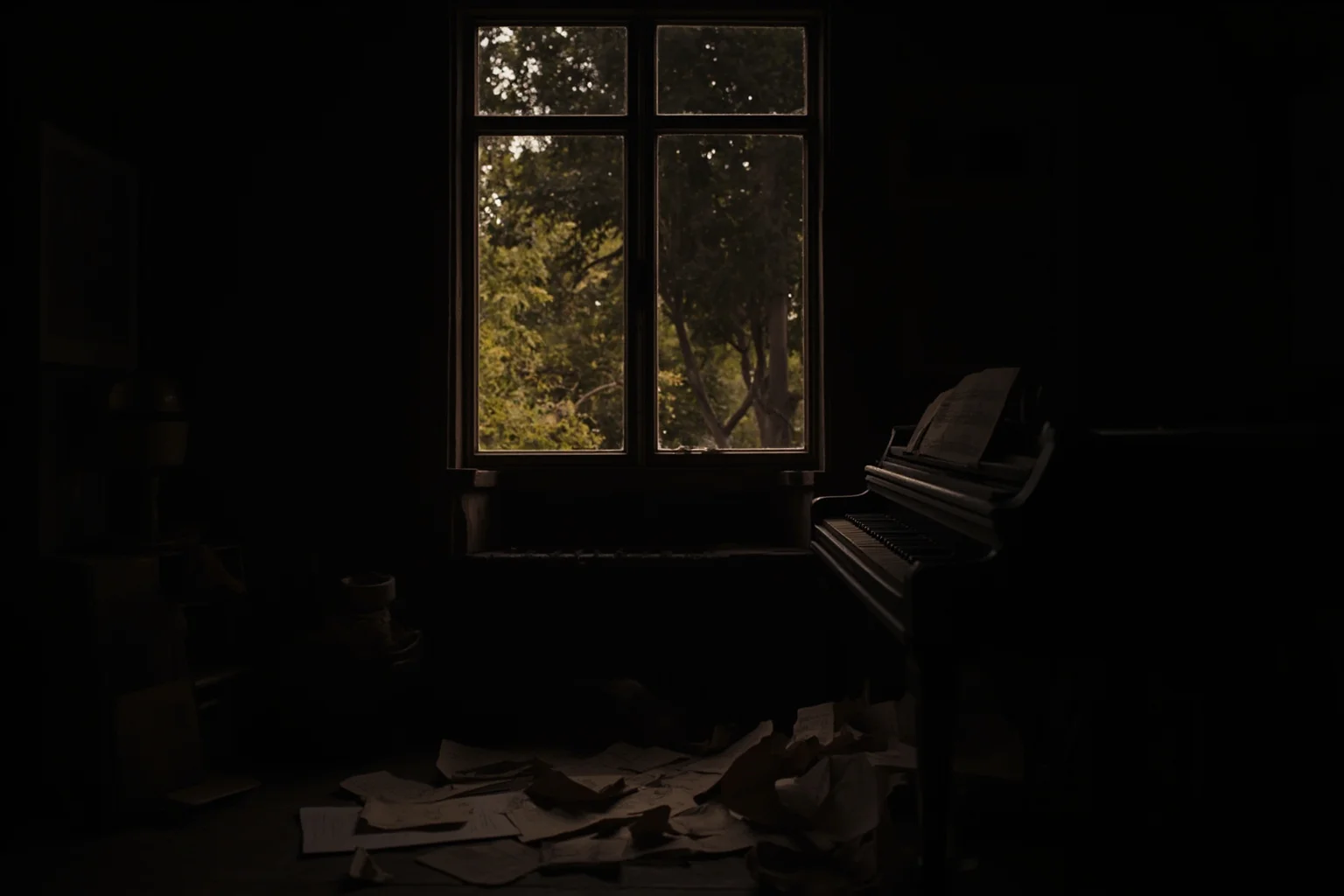 A dim 19th-century composer's study with a piano, scattered sheet music, and an open window letting in evening light