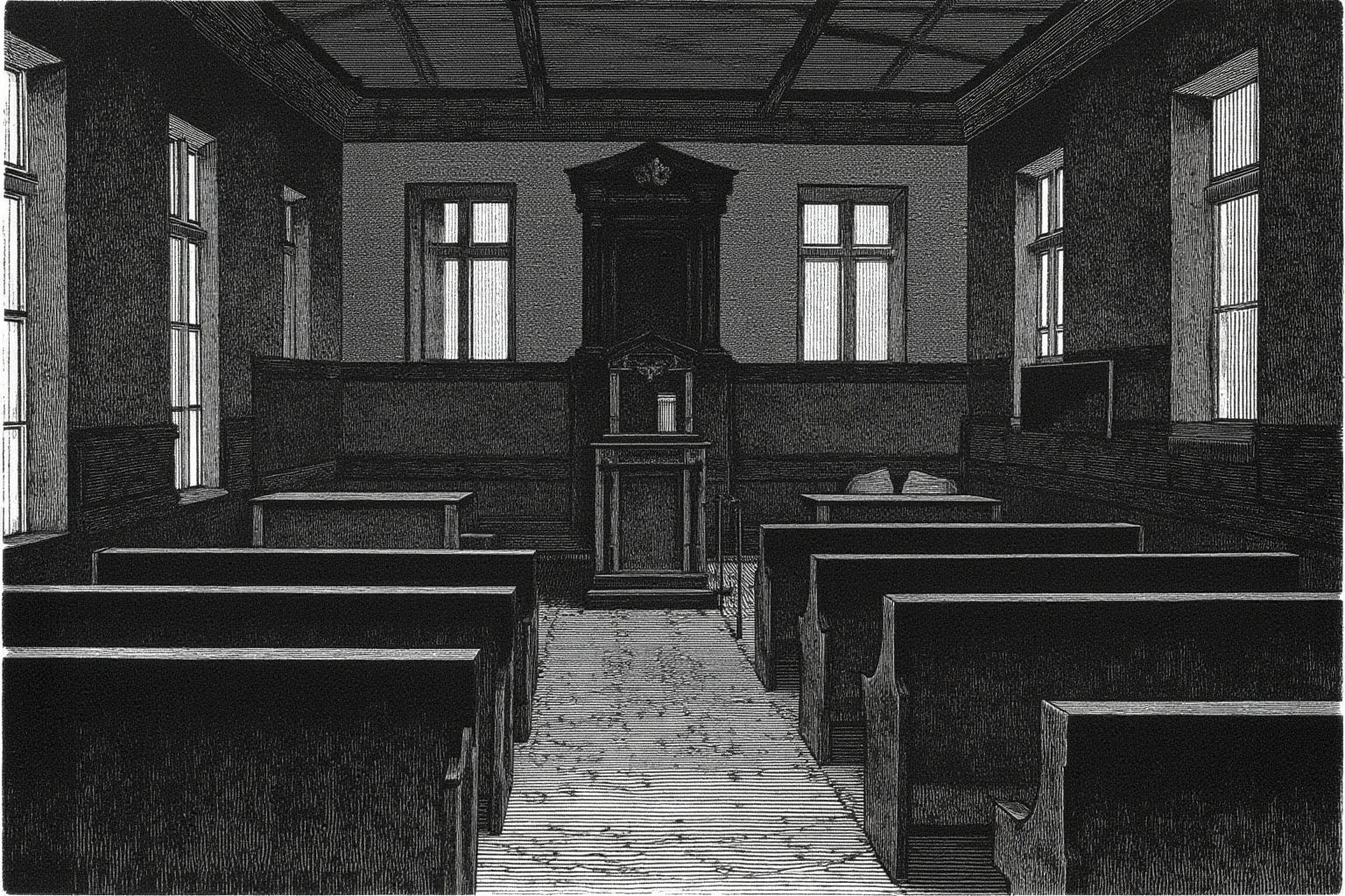 A dim 19th-century courtroom interior with wooden benches and a witness stand, vintage engraving style