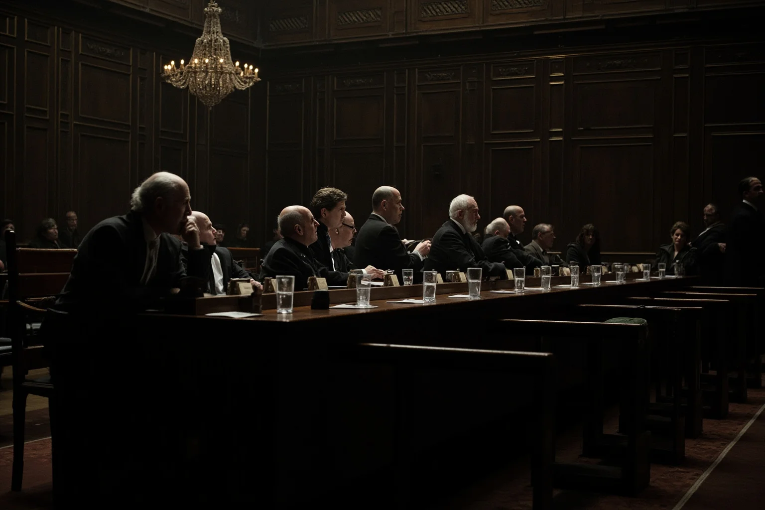 A dim 19th-century parliamentary committee room with witnesses testifying at a long table