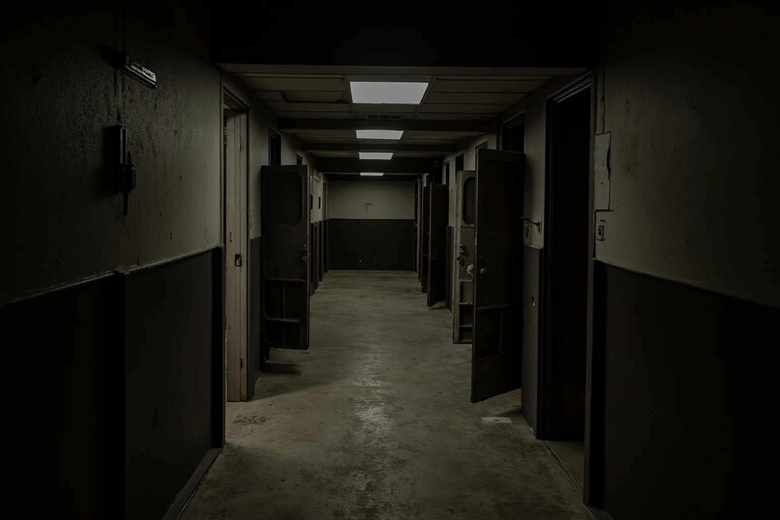 A dim basement hallway converted into a row of small cell-like rooms, representing a makeshift research facility