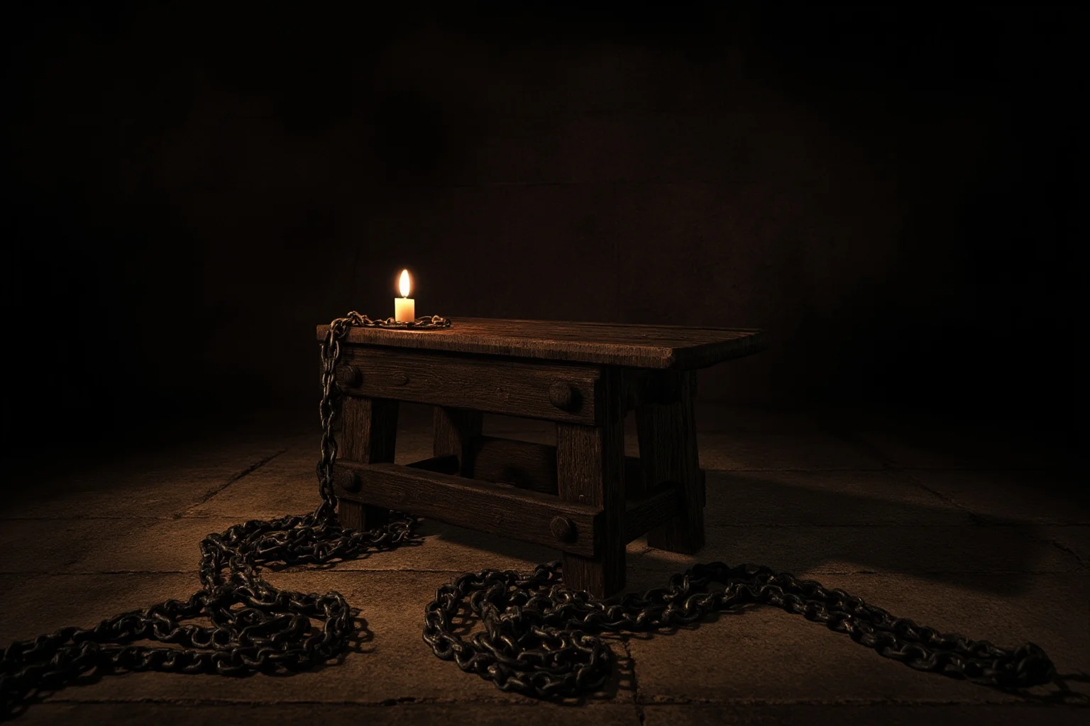 Brutal Forms of Public Humiliation Throughout History 19 A dim candlelit room with an old wooden stool and chains coiled on stone flooring, symbolic historical illustration