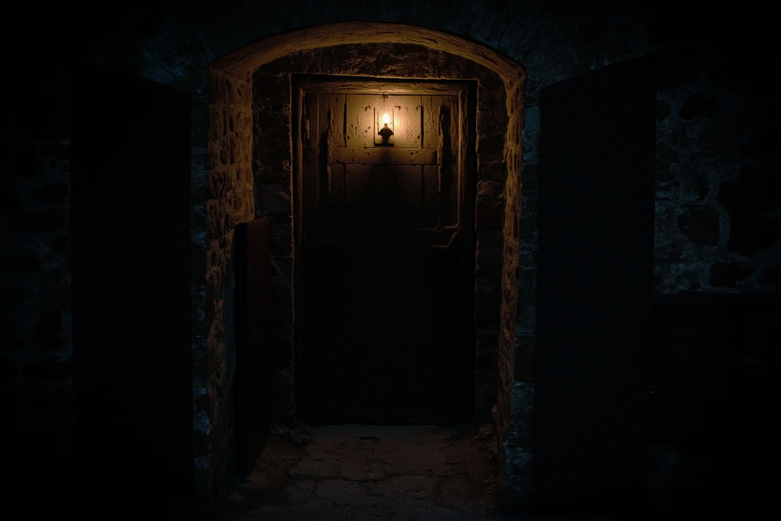 A dim candlelit stone cell door in an old German town, mysterious and moody