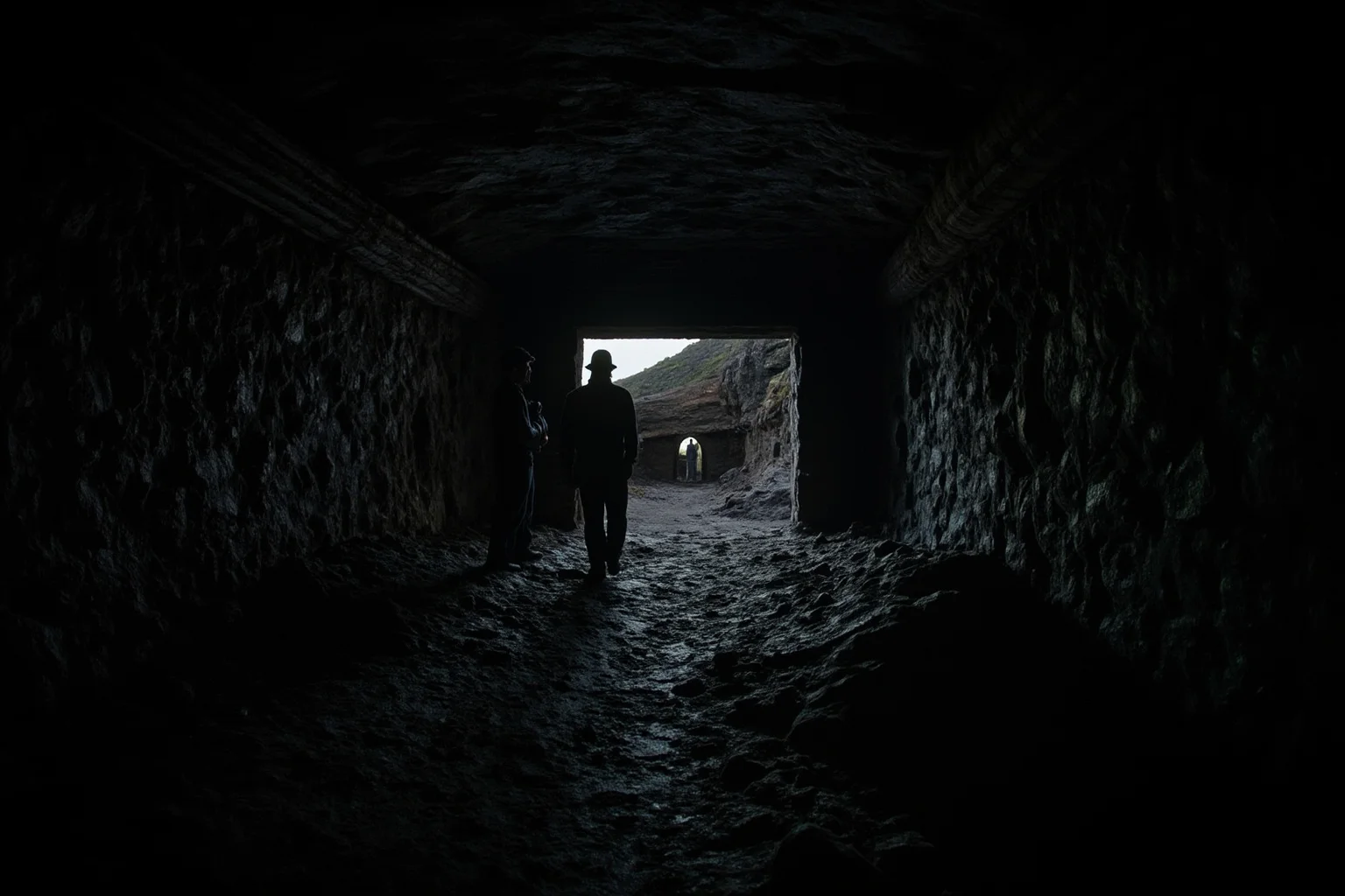 Legendary Cases Involving the Pinkerton Detective Agency 8 A dim coal mine entrance with miners and a lone figure observing from the shadows, suggesting infiltration