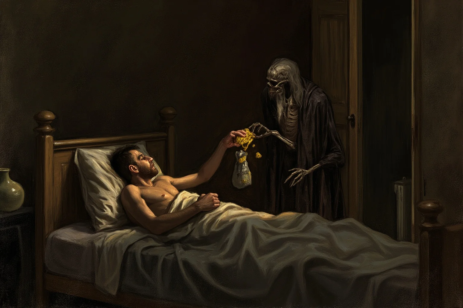 22 Creepiest Pieces of Medieval Art (And the Strange History Behind Them) 17 A dim domestic scene of a dying man in bed reaching toward a bag of gold offered by a small demon, with a skeletal figure at the door