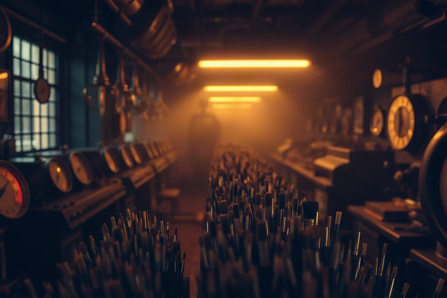 A dim early-1900s factory workshop with rows of small paintbrushes and glowing dials