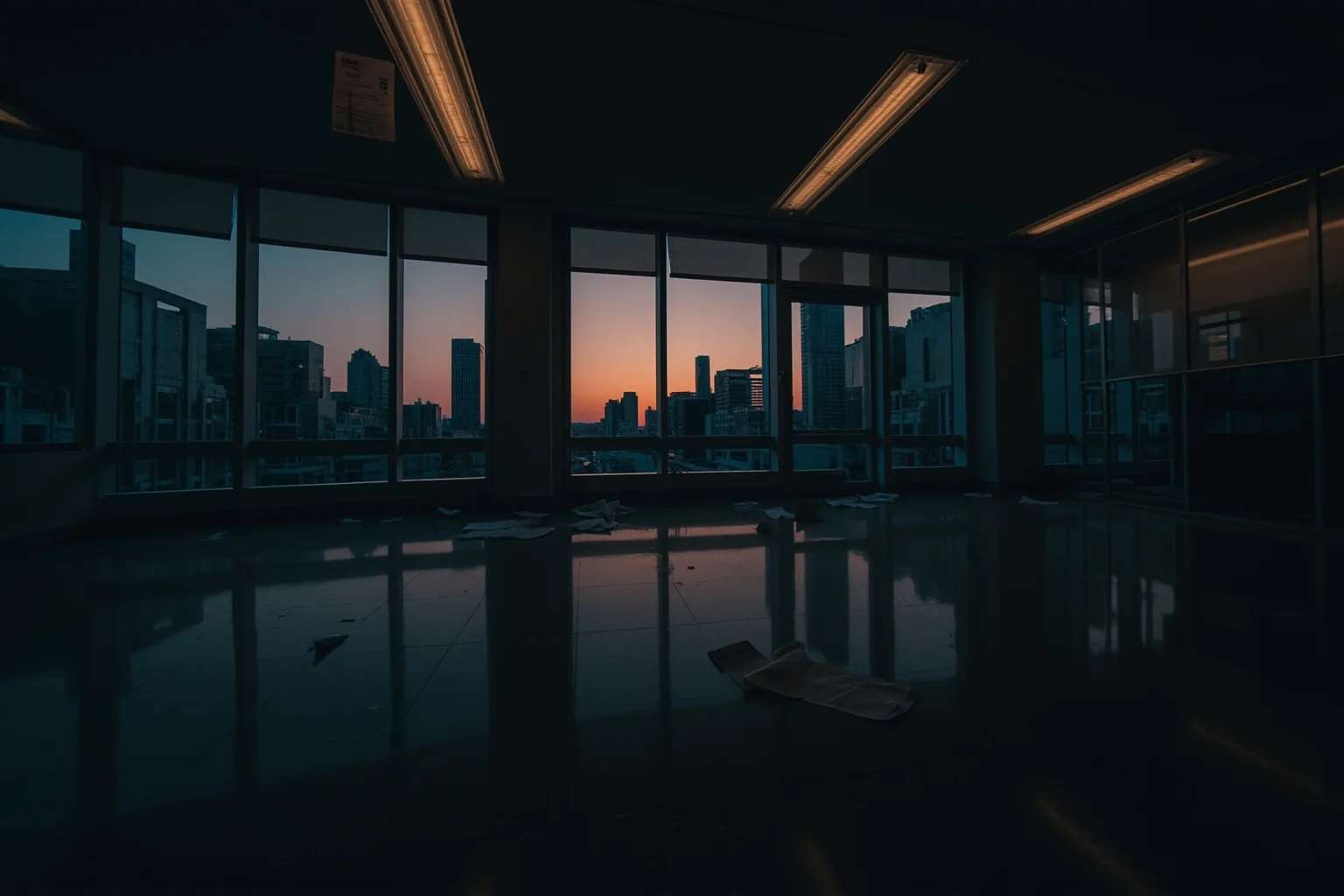 A dim, empty corporate office at dusk with scattered papers, symbolizing financial scandal
