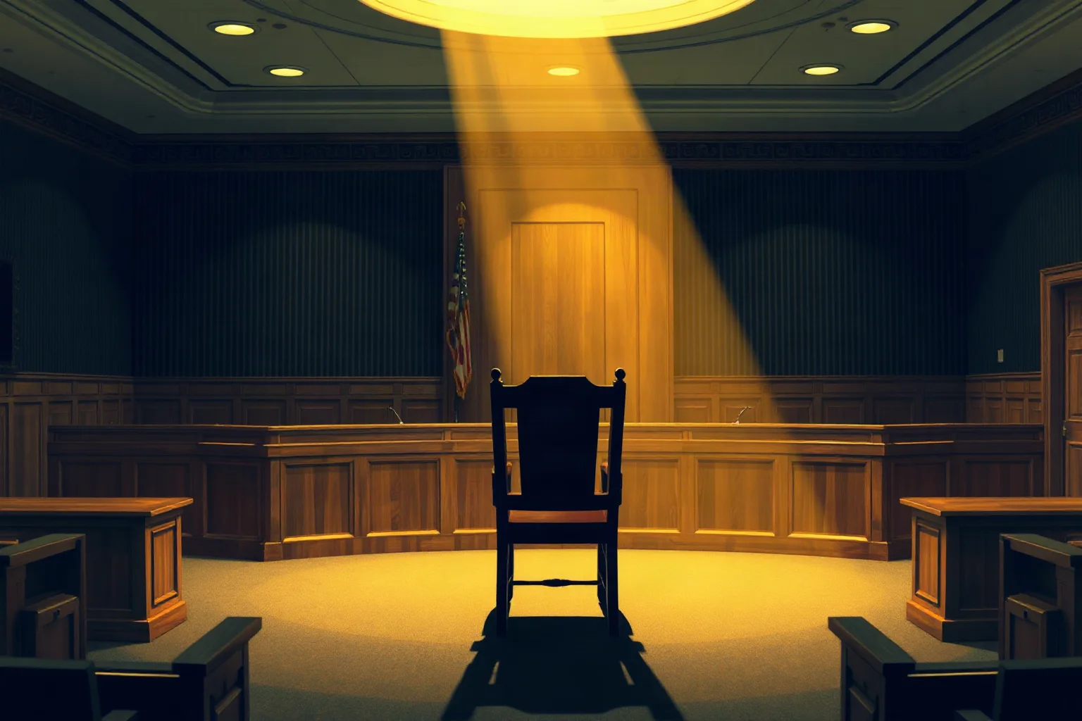 A dim government hearing room with an empty witness chair, dramatic lighting, illustrative style