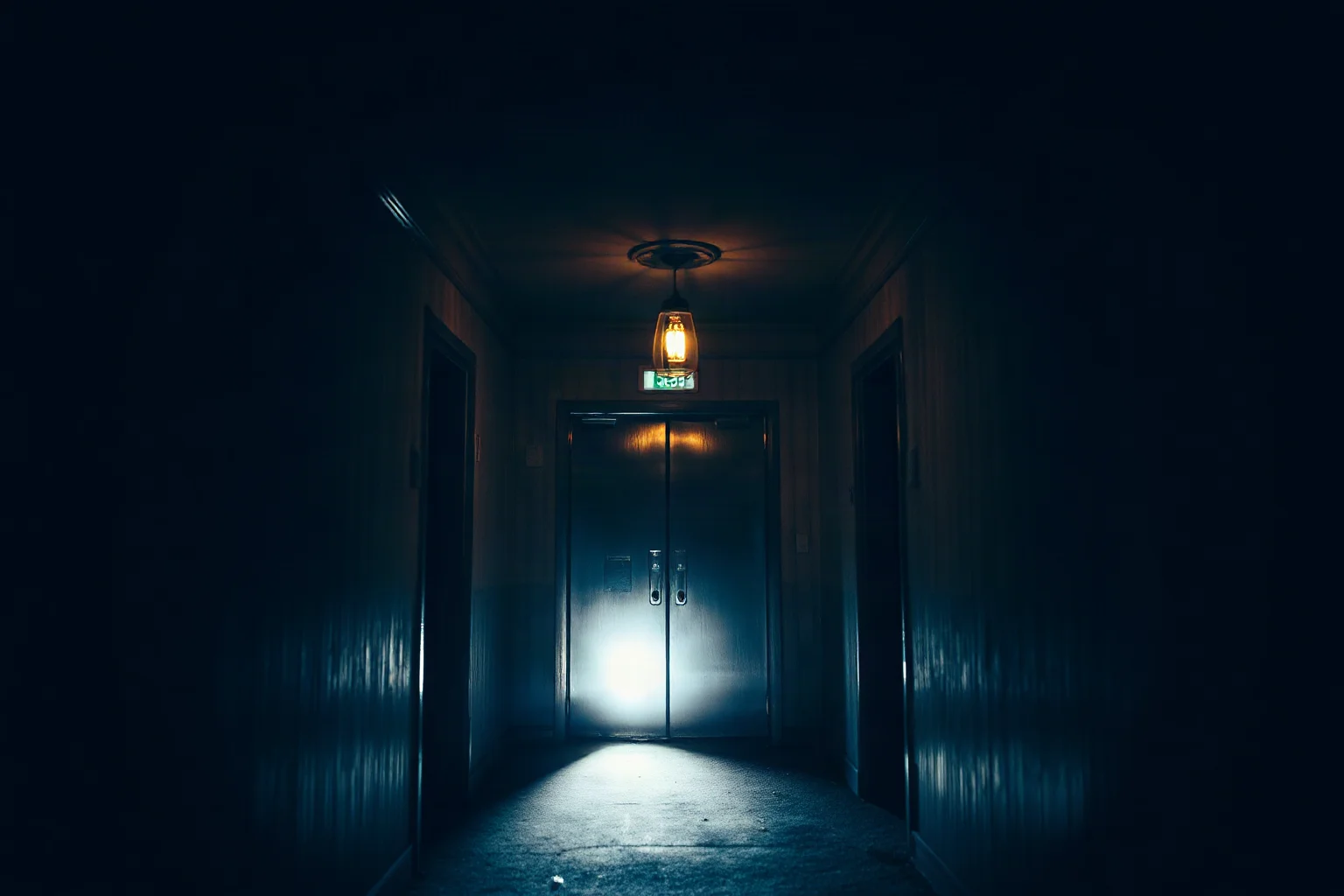 A dim hotel corridor with an old elevator, flickering overhead light, eerie atmosphere