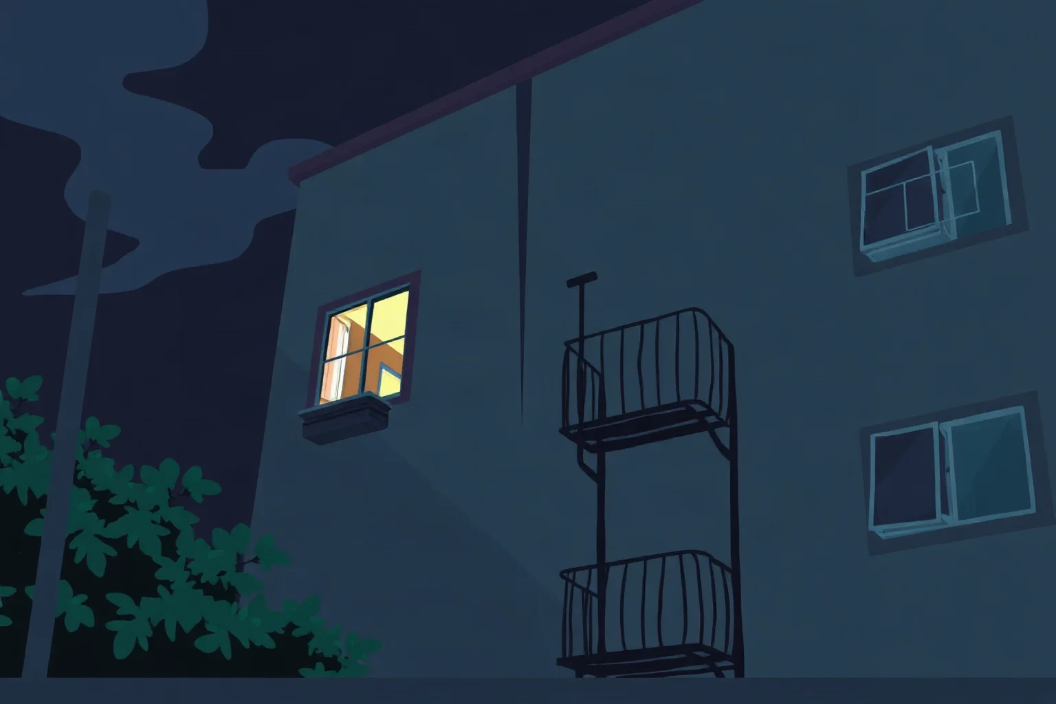 A dim illustrated apartment building exterior at night with a single lit window, evoking urban unease