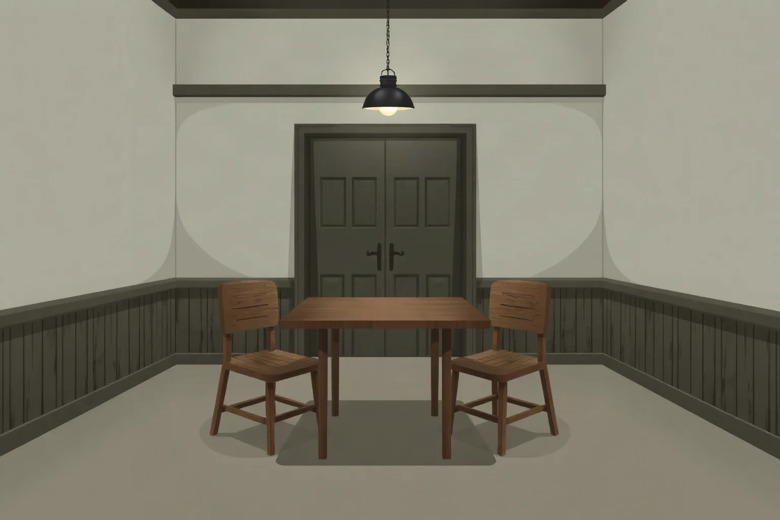 A dim interrogation room with a wooden table, two chairs, and a single hanging lamp, illustration