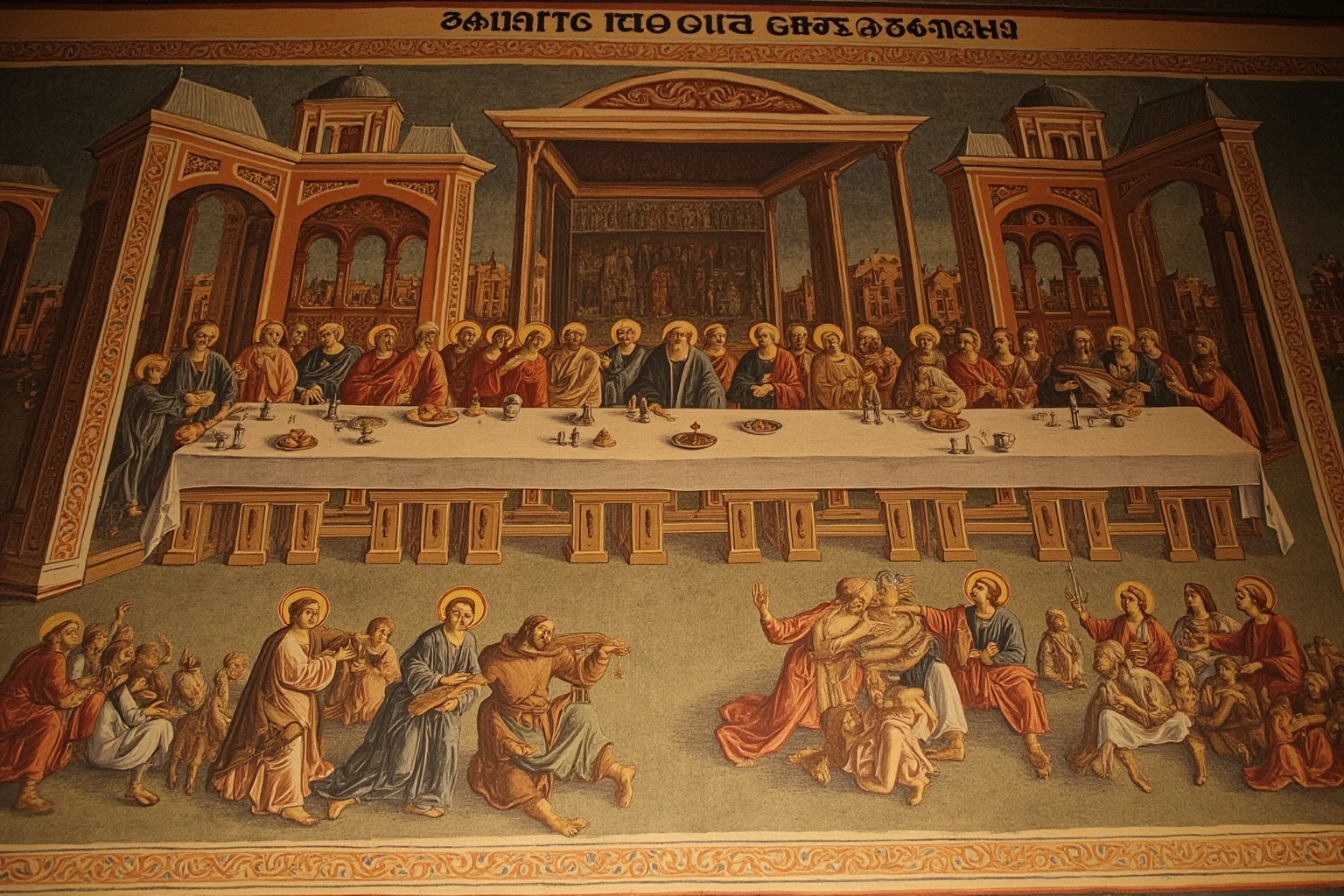 The Most Famous Historical Paintings in the World 3 A dim medieval dining hall mural depicting a long table scene inspired by a religious gathering