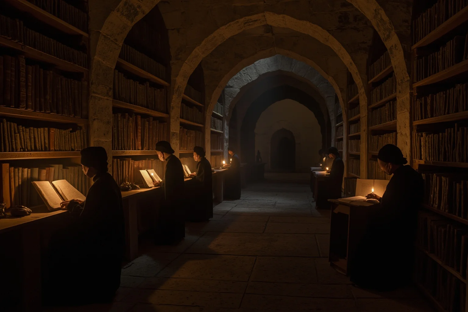 A dim medieval monastery library with monks copying manuscripts by candlelight, stone archways overhead