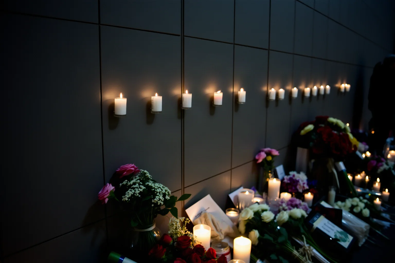 A dim memorial wall with candles and flowers, symbolizing lives lost during a violent era