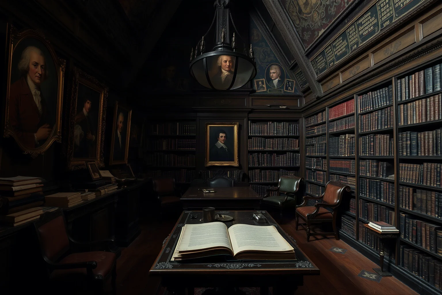 A dim old library room with dusty portraits and manuscripts, evoking historical debate and mystery