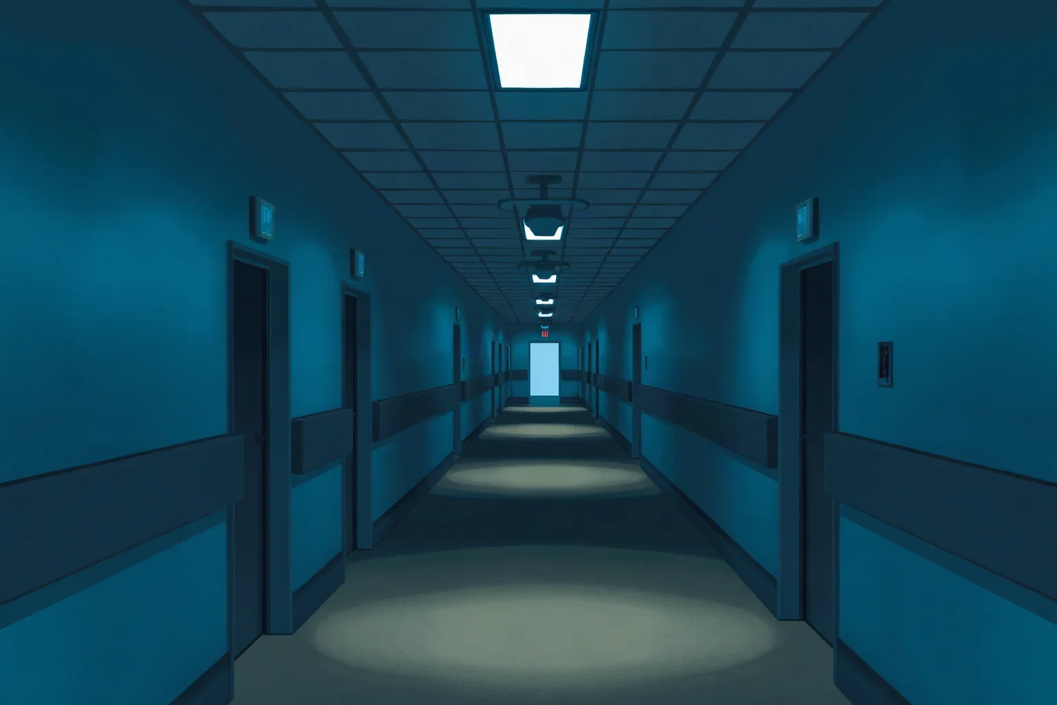 A dim, quiet illustration of a hospital corridor with soft blue lighting, evoking uncertainty and worry
