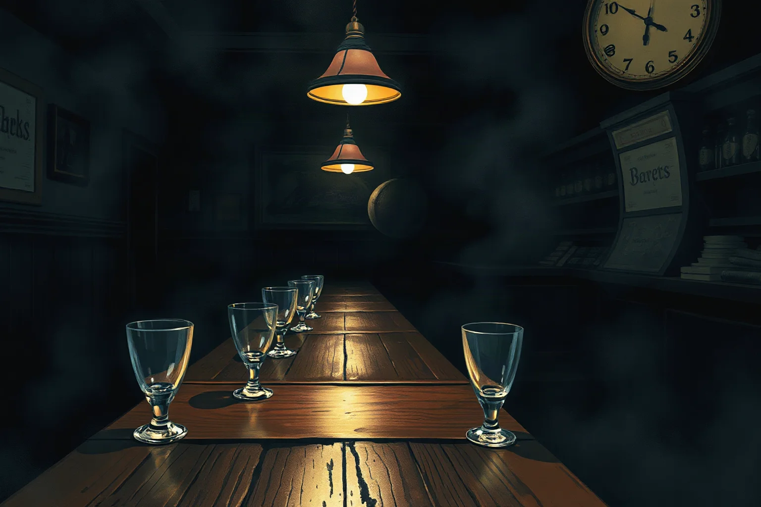 A dim, smoky old-fashioned tavern interior with empty glasses on a wooden bar, moody vintage illustration