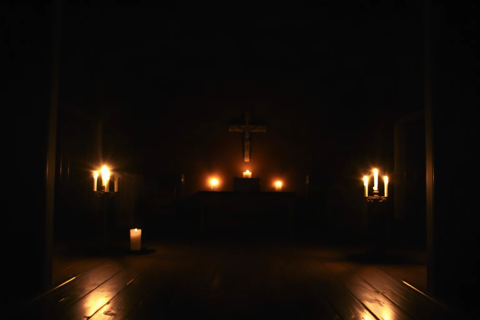 A dim, solemn candlelit room suggesting quiet desperation and survival, no visible people, respectful tone