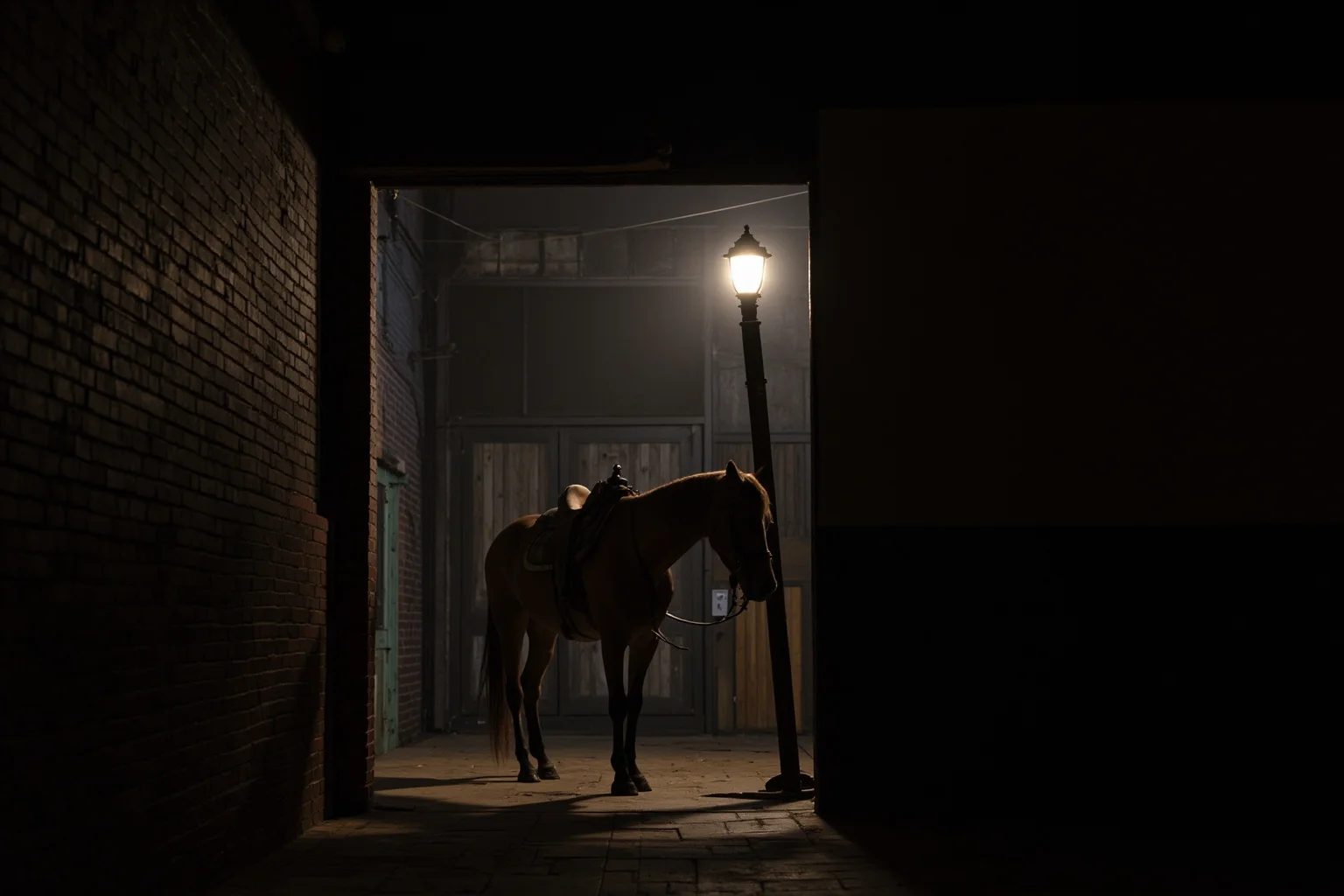 A dim theater backstage alley with a horse tied to a post beside a brick wall, lantern light