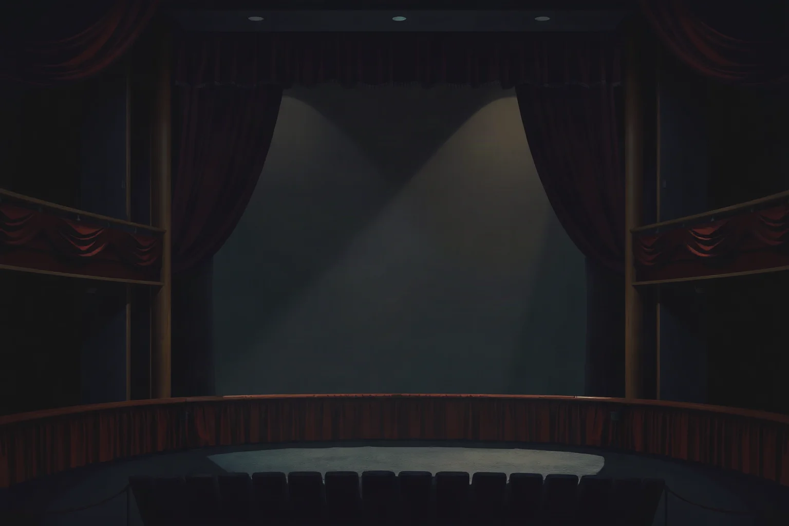 A dim theater balcony interior with red velvet curtains, empty and shadowed, symbolic historical illustration without depicting people.