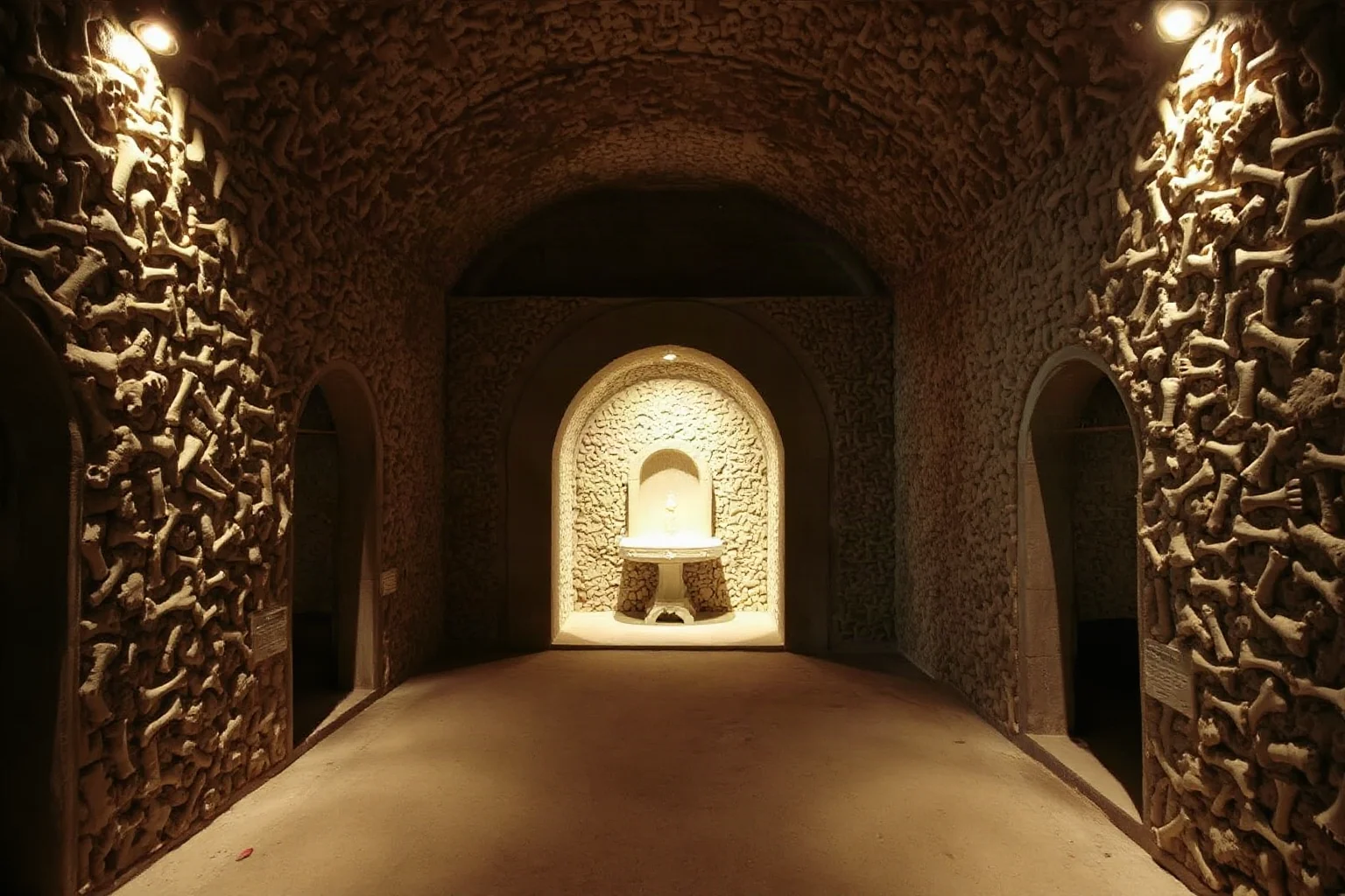 A dim underground stone chapel interior decorated with intricate bone patterns