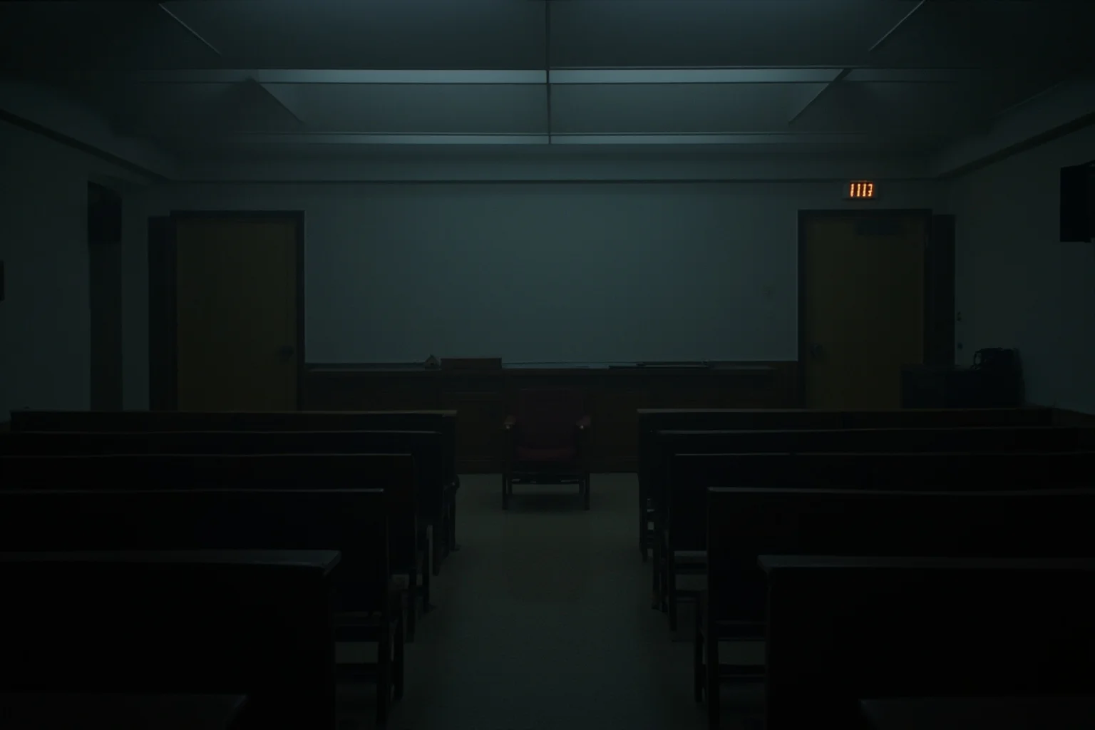 A dim university lecture hall with an empty chair, evoking a notorious serial killer's academic past