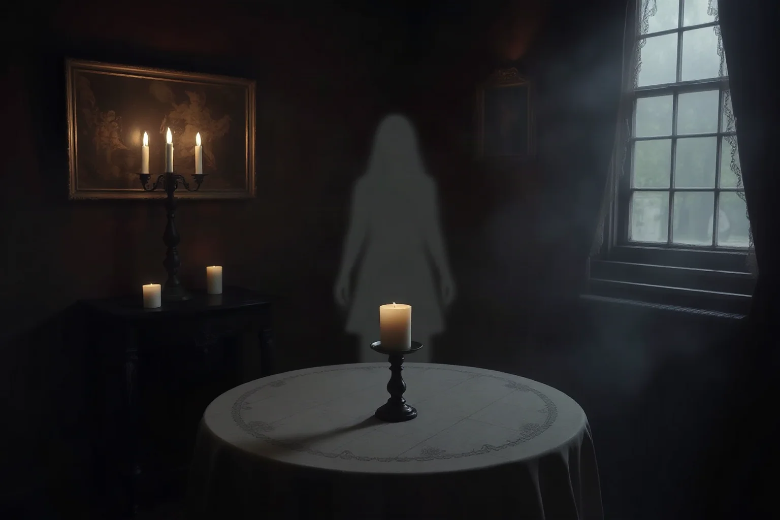 A dim Victorian séance room with a round table, candles, and a faint translucent female figure forming from mist