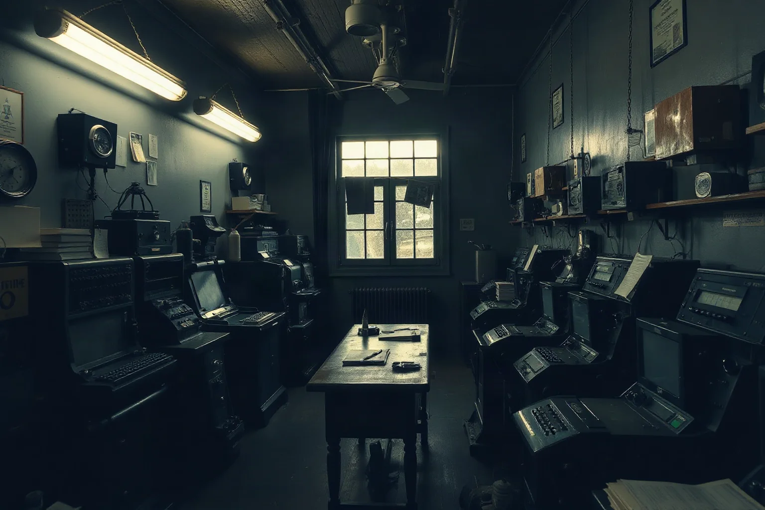 A dim wartime code-breaking room filled with vintage electromechanical machines and paper punch cards