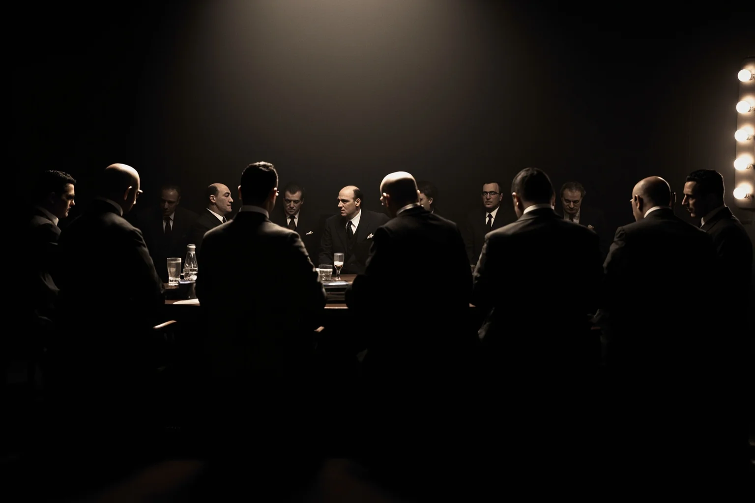 A dimly lit 1930s back room with men in suits around a table, evoking organized crime meetings
