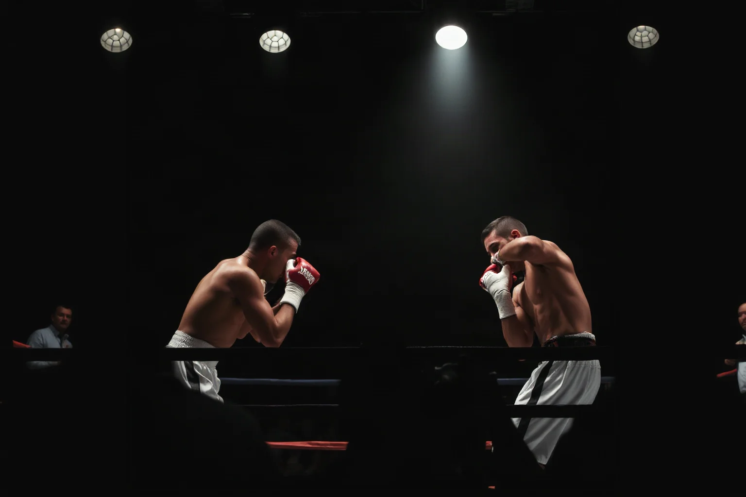 A dimly lit boxing ring with two fighters in a tense final round, dramatic spotlight, crowd silhouettes in background