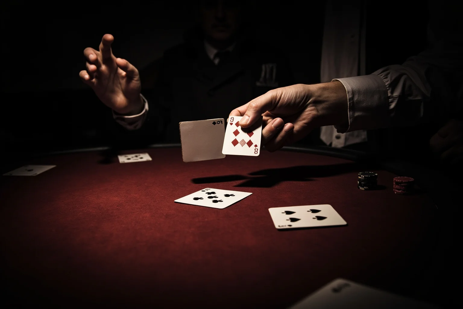 A dimly lit card table where a hand dramatically reveals another player's playing card, moody vintage illustration for 'pull your card'