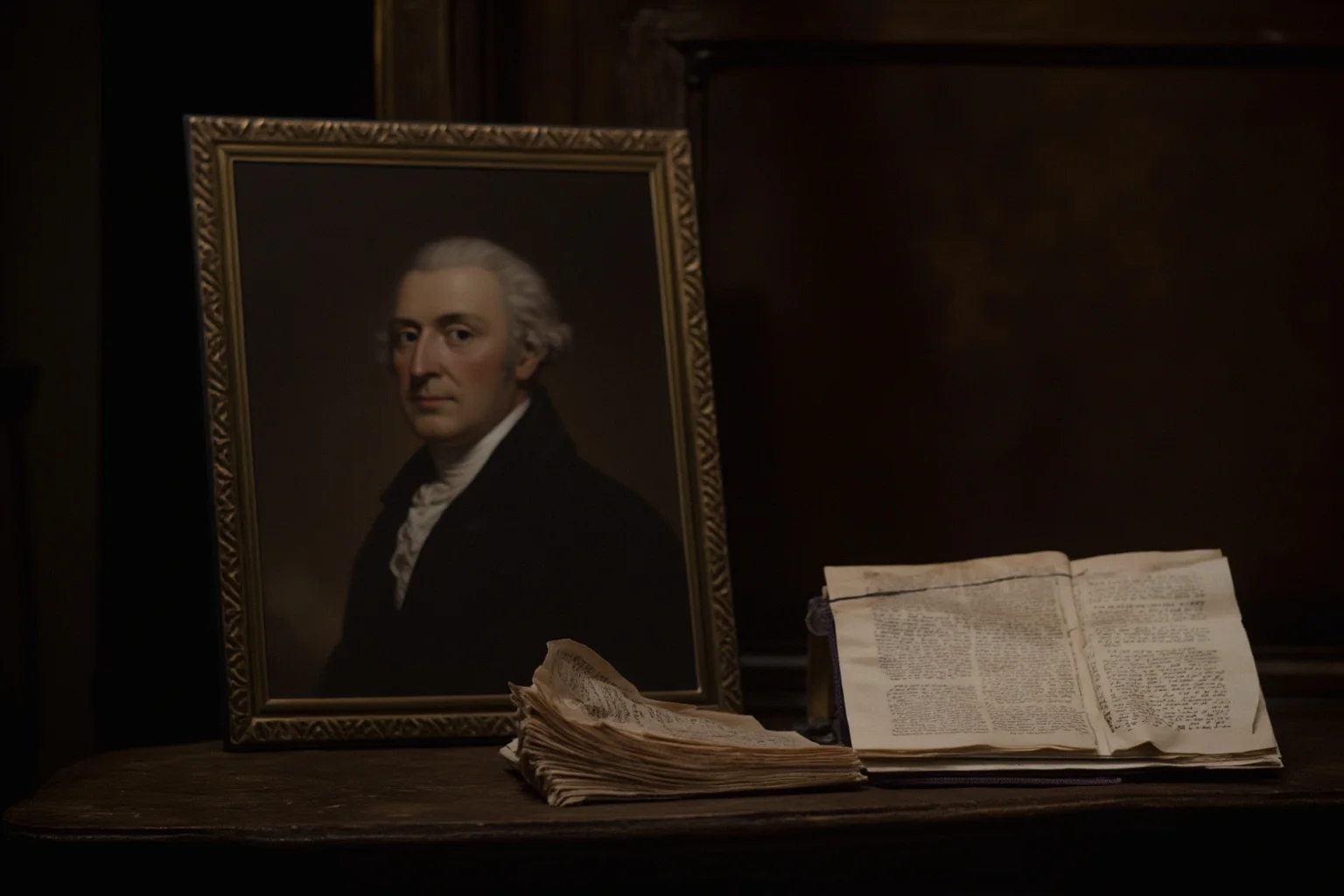 A dimly lit colonial study with framed portraits and a stack of printed essays representing the Federalist Papers era