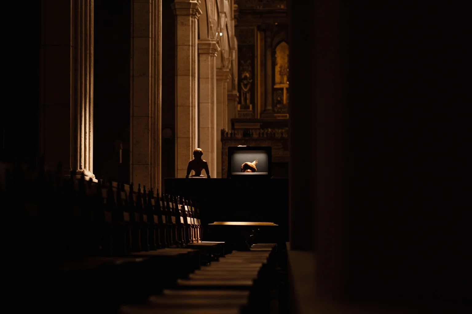 A dimly lit grand cathedral interior with a choir singing, evoking a historical sacred music performance