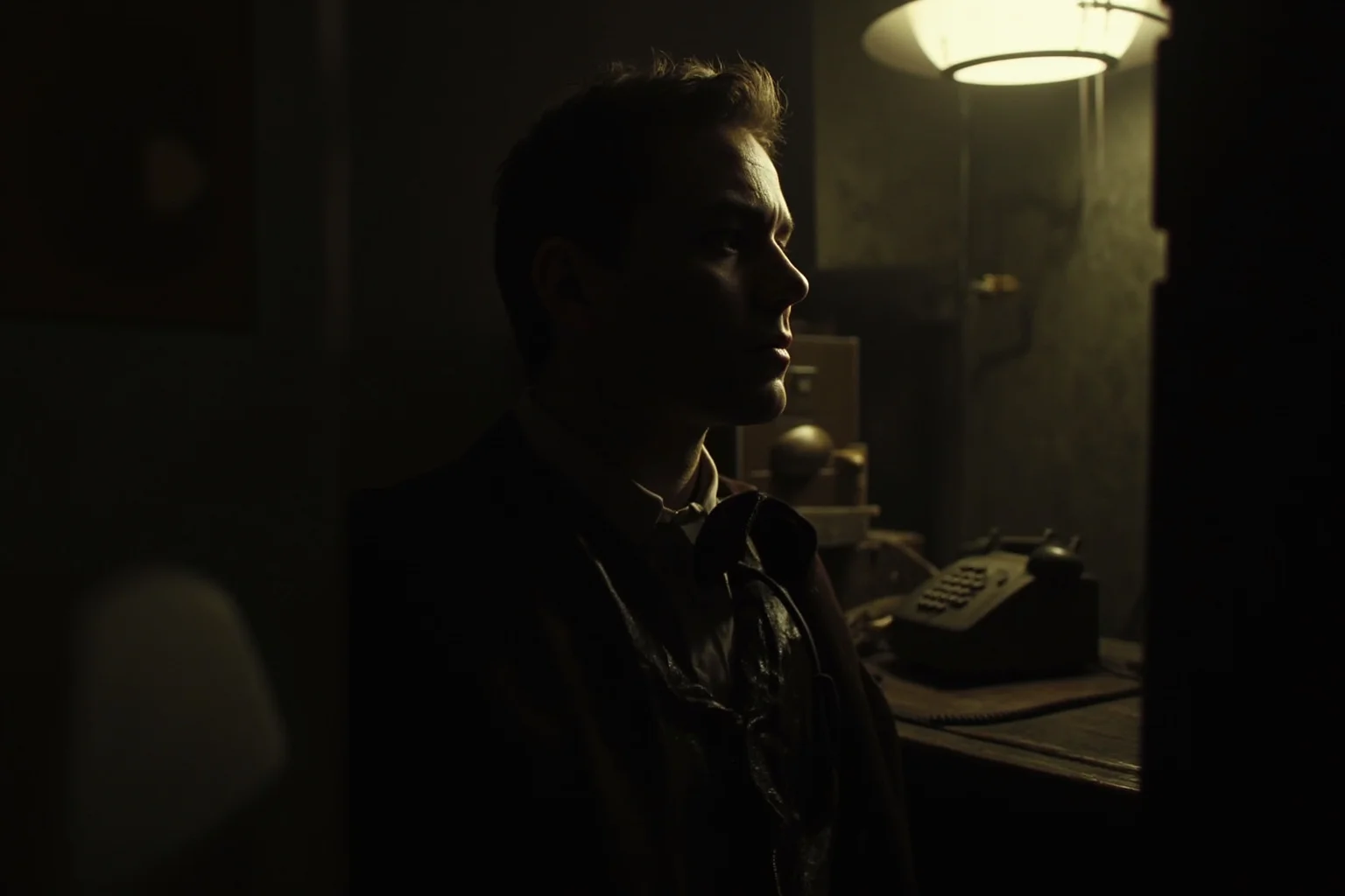 A dimly lit London office with an old rotary phone and a locked filing cabinet, suggesting a mole hidden inside a 1960s intelligence agency