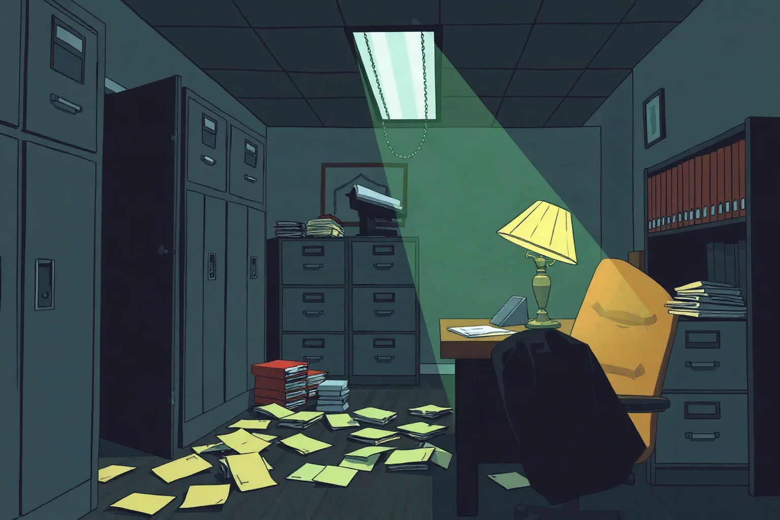 A dimly lit office interior with file cabinets and a single desk lamp illuminating scattered papers, symbolic political scandal illustration.